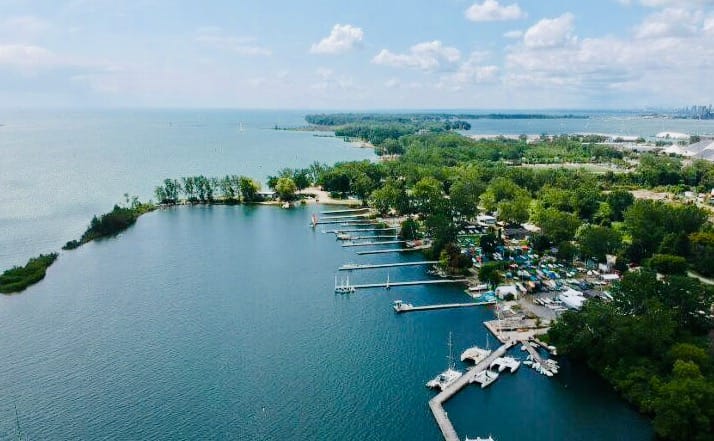 A side profile of the club docks from the air