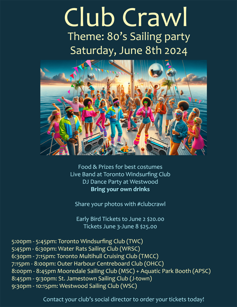Club Crawl title with AI image of a dock party
