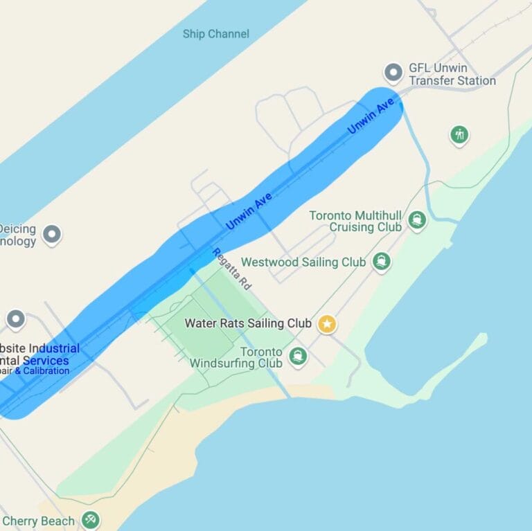 Map of Unwin Ave and flood path
