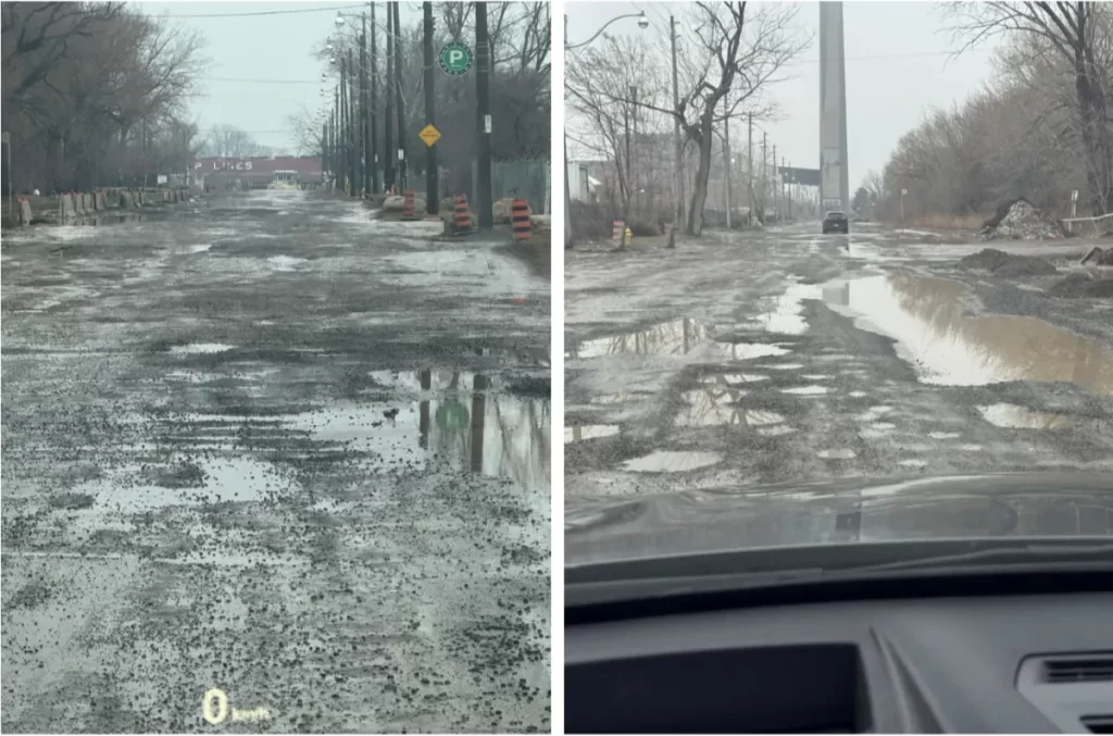 Unwin Ave in spring with large water-filled potholes