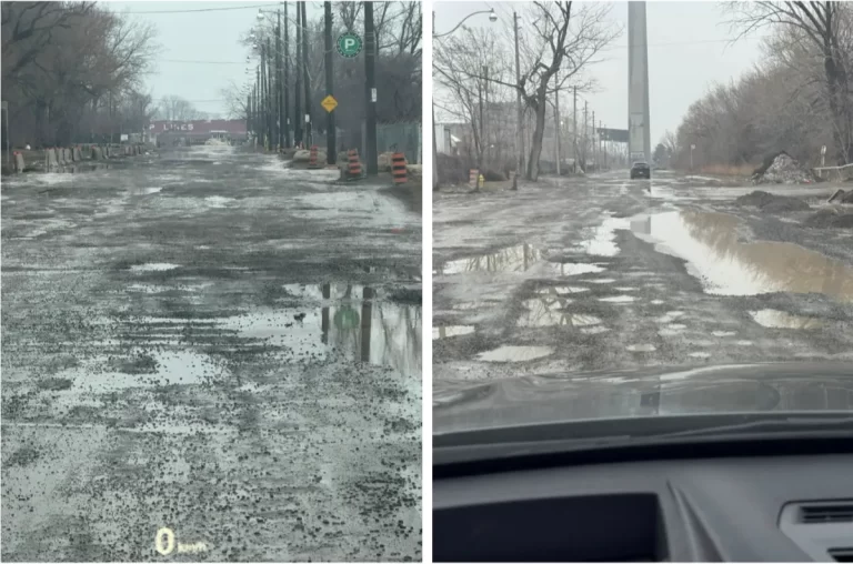 Unwin Ave in spring with large water-filled potholes